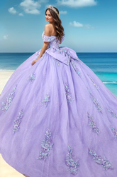 Off-Shoulder Purple Tulle Ball Gown with Glitter Appliques & Bow Detail Perfect for Quinceanera Sweet 16 and Formal Evening Events